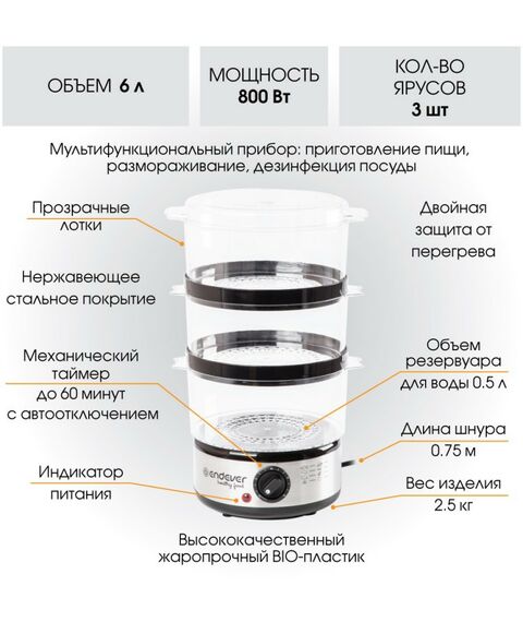 Пароварки: Пароварка Endever Vita-173 черный/стальной [90034] фотографии