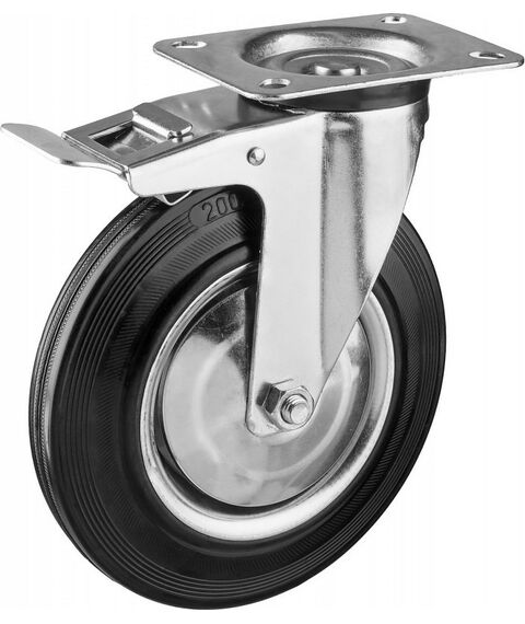 Мебельный крепеж: Колесо поворотное c тормозом Зубр Профессионал d=200 мм г/п 185 кг, резина/металл, игольчатый подшипник [30936-200-B] фотографии