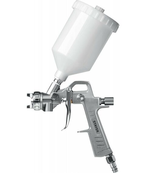 Пневмокраскопульты: Набор пневматический универсальный STAYER 06488-H5 краскораспылитель с верхним бачком, пистолеты, пневмошланг, 5 предметов фотографии