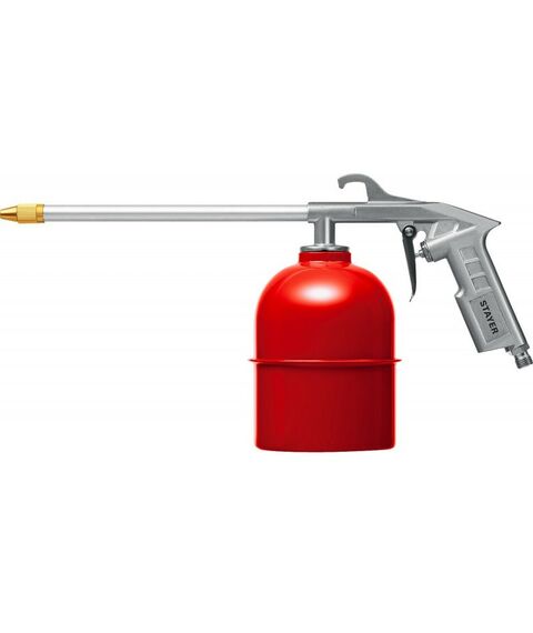 Пневмокраскопульты: Набор пневматический универсальный STAYER 06488-H5 краскораспылитель с верхним бачком, пистолеты, пневмошланг, 5 предметов фотографии