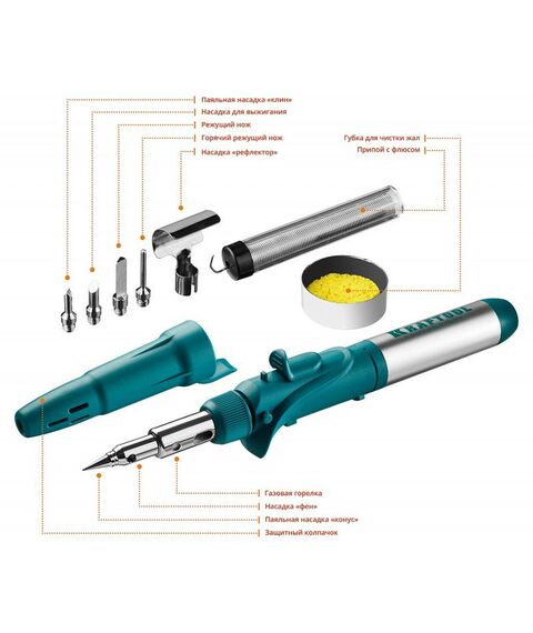 Паяльное оборудование: Газовый паяльник KRAFTOOL SolderPro 120K набор 10-в-1, 30-120 Вт, горелка, фен, пьезоподжиг, 1300°С [55503-H10] фотографии