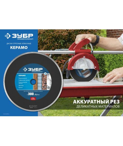 Пильные и алмазные диски: Диск алмазный отрезной сплошной Зубр Профессионал КЕРАМО-25 250 мм по керамограниту, мрамору, плитке [36655-250] фотографии