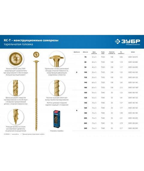 Саморезы: Конструкционные саморезы КС-Т Зубр 200 х 8.0 мм 50 шт., желтый цинк [30051-80-200] фотографии