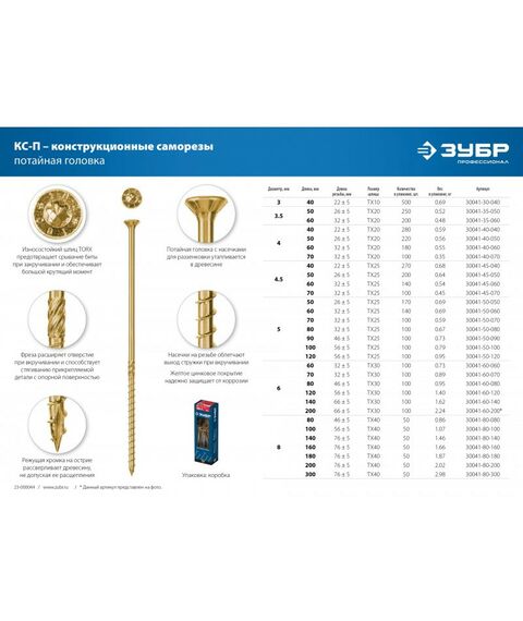 Саморезы: Конструкционные саморезы КС-П Зубр 200 х 6.0 мм 100 шт., желтый цинк [30041-60-200] фотографии