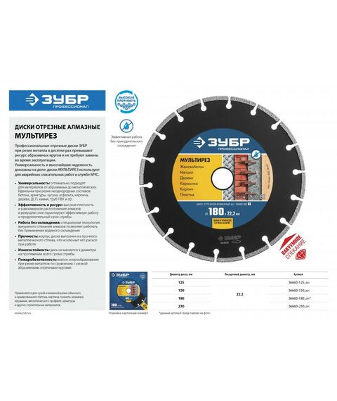 Пильные и алмазные диски: Диск алмазный отрезной универсальный Зубр Профессионал МУЛЬТИРЕЗ 230 мм [36660-230] фотографии