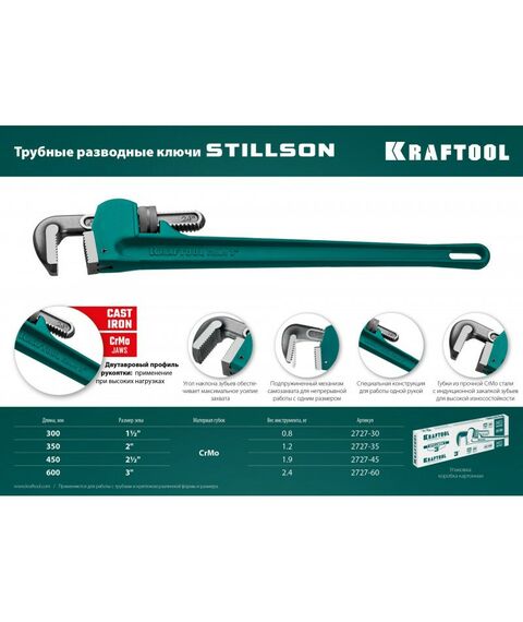 Столярно-слесарный инструмент: Трубный разводной ключ KRAFTOOL STILLSON 2.5" [2727-45] фотографии