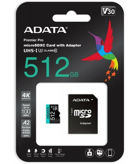Secure Digital карты: Карта памяти micro SDXC AData Premier Pro 512Gb UHS-I U3, 100 МБ/с, Class 10, переходник SD [AUSDX512GUI3V30SA2-RA1] фотографии
