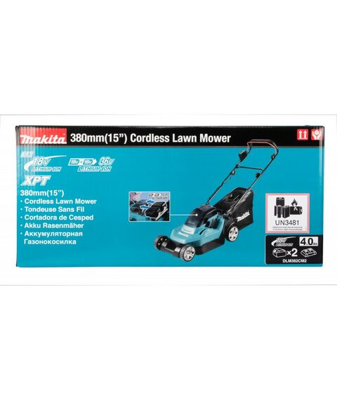 Газонокосилки: Газонокосилка аккумуляторная Makita DLM382 Li-ion 36В, B=38см, Н=20-75мм, 40л, 2х3Ач, 15кг фотографии