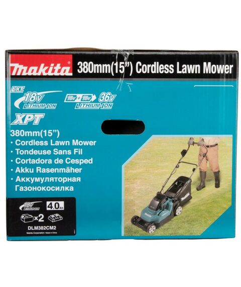 Газонокосилки: Газонокосилка аккумуляторная Makita DLM382 Li-ion 36В, B=38см, Н=20-75мм, 40л, 2х3Ач, 15кг фотографии
