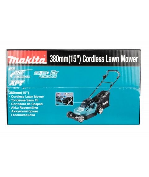 Газонокосилки: Газонокосилка аккумуляторная Makita DLM382 Li-ion 36В, B=38см, Н=20-75мм, 40л, 2х3Ач, 15кг фотографии