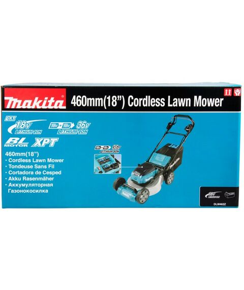 Газонокосилки: Газонокосилка аккумуляторная самоходная Makita DLM462 Li-ion 36В, B=46см, Н=20-100мм, 60л, 2х5Ач, 39кг фотографии