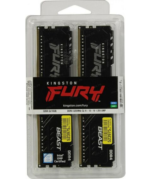 Оперативная память: Оперативная память Kingston Fury Beast 32Gb KIT 2*16Gb DDR4 DIMM <PC4-25600> CL16 [KF432C16BB1K2/32] фотографии