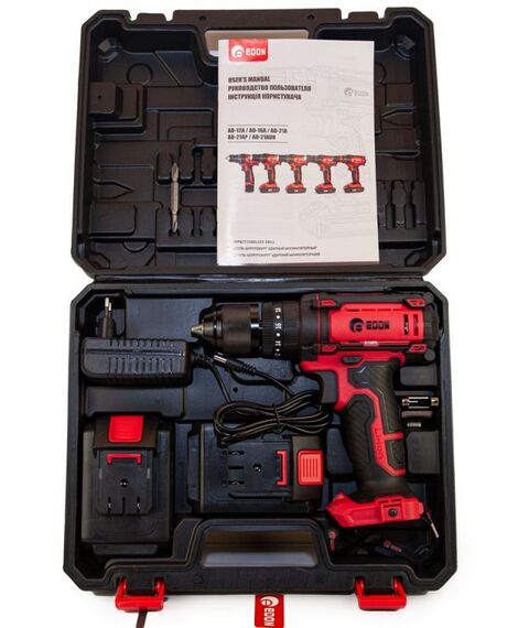 Дрели и шуруповерты: Дрель аккумуляторная ударная EDON AD-21AP Li-Ion 21В, 40Нм, 450/1450об/мин, 2х2Ач