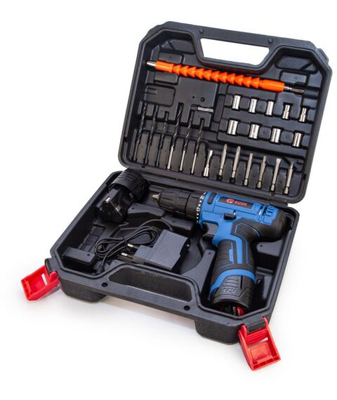 Дрели и шуруповерты: Дрель аккумуляторная EDON CF-1201 Li-Ion 12В, 23Нм, 1350об/мин, 2х2Ач, 0.95кг, кейс, набор оснастки фотографии