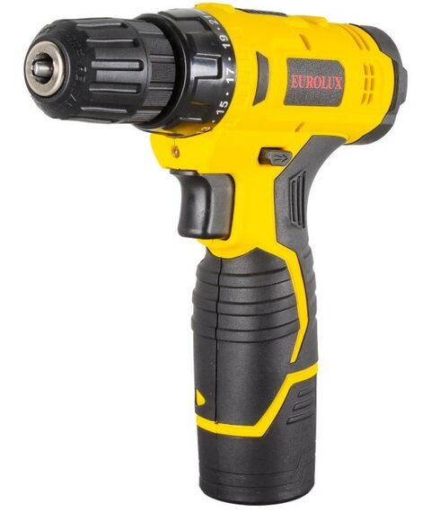 Дрели и шуруповерты: Дрель-шуруповерт аккумуляторная Eurolux ДА-12/1Li безударный, быстрозажимной, 600 об/мин, 25/13 Нм, 12В, 1,5 А*ч, 0.96 кг фотографии