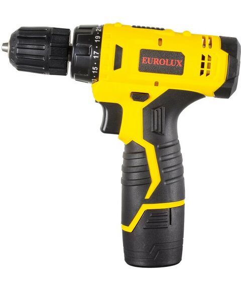 Дрели и шуруповерты: Дрель-шуруповерт аккумуляторная Eurolux ДА-12/1Li безударный, быстрозажимной, 600 об/мин, 25/13 Нм, 12В, 1,5 А*ч, 0.96 кг фотографии