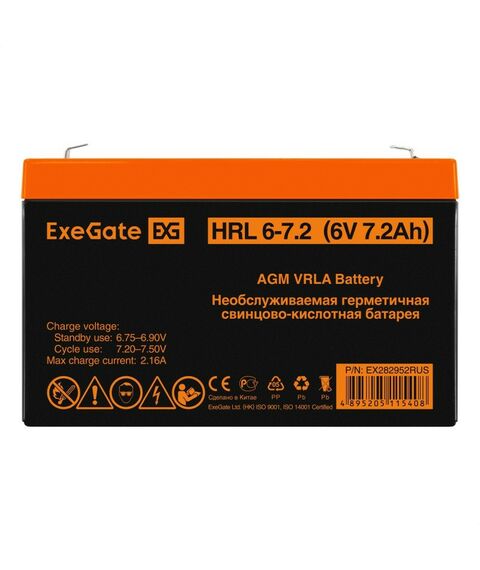 Аккумуляторы для ИБП и охранных систем: Аккумулятор для UPS Exegate HRL 6-7.2 6V, 7.2Ah [EX282952RUS] фотографии