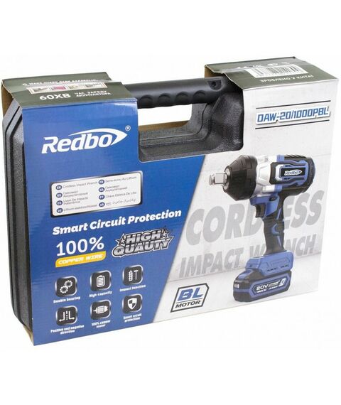 Гайковерты, отвертки: Гайковерт аккумуляторный ударный REDBO OAW-20/1000PBL Li-ion 20В, 1000Нм, 1900 об/мин, 3/4", 1х4Ач, 5кг, кейс, б/щет [202020300025] фотографии