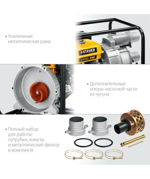 Мотопомпы: Мотопомпа бензиновая для грязной воды STEHER WPD-1300 1300 л/мин фотографии