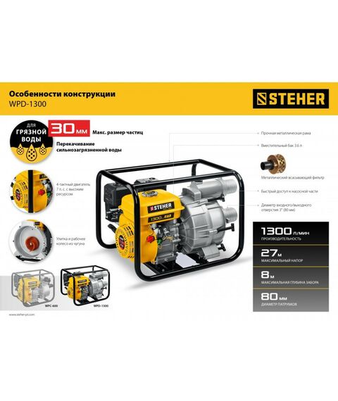Мотопомпы: Мотопомпа бензиновая для грязной воды STEHER WPD-1300 1300 л/мин фотографии