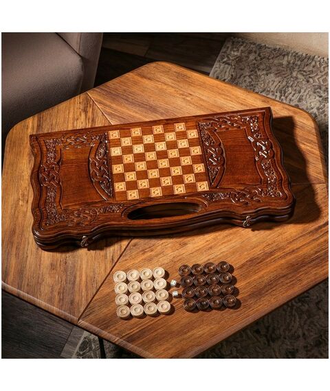 Настольные игры:  Нарды ручной работы "Узор", глубокая резка, с ручкой, 60х30 см, с шахматным полем, массив ореха, Армения фотографии