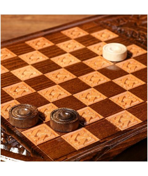 Настольные игры:  Нарды ручной работы "Узор", глубокая резка, с ручкой, 60х30 см, с шахматным полем, массив ореха, Армения фотографии