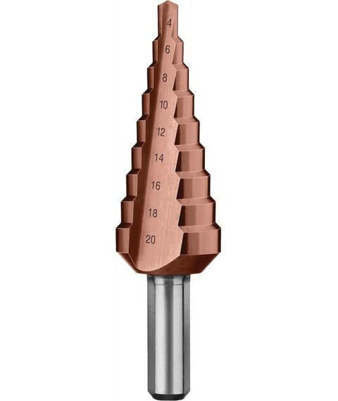 Буры, пики, коронки, сверла: Сверло ступенчатое Зубр Профессионал КОБАЛЬТ 4-20мм 9 ступеней, кобальтовое покрытие [29672-4-20-9] фотографии