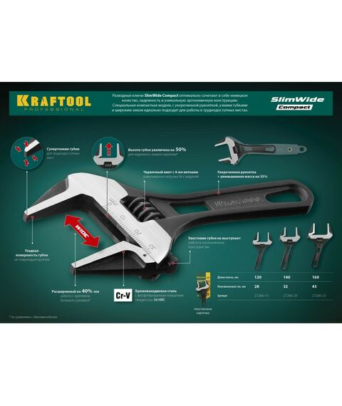 Столярно-слесарный инструмент: Разводной ключ KRAFTOOL SlimWide Compact 140 / 33 мм [27266-20] фотографии