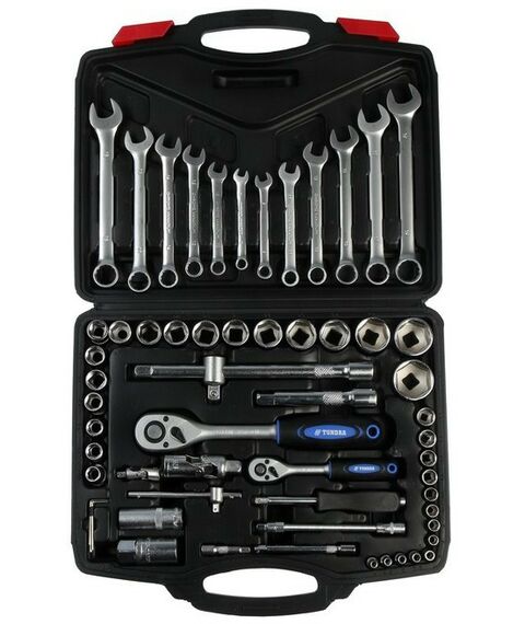 Наборы инструментов и ключи: Набор инструментов в кейсе автомобильный TUNDRA CrV, 1/2" и 1/4" 60 предметов фотографии