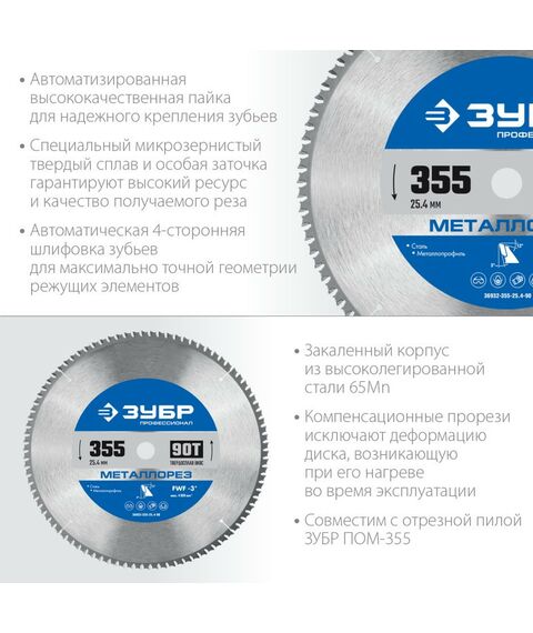 Пильные и алмазные диски: Диск пильный по металлу и металлопрофилю Зубр Металлорез 355х25.4мм 90Т [36932-355-25.4-90] фотографии