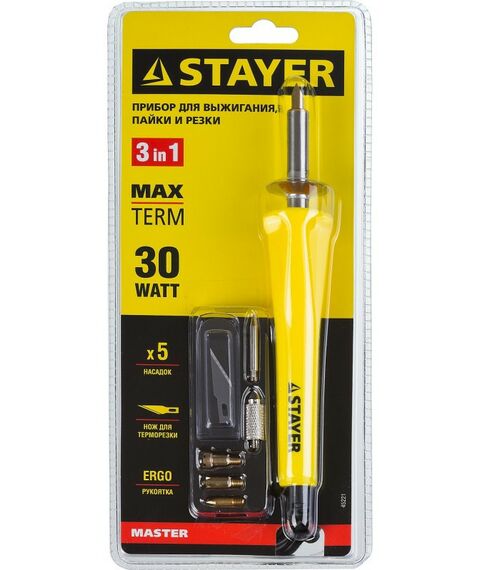 Паяльное оборудование: Прибор для выжигания пайки и резки STAYER MAXTerm 30Вт 3в1 в наборе: 5 насадок + термонож [45221] фотографии