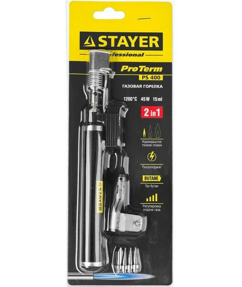 Горелки: Газовый паяльник STAYER PS400 45 Вт, 1200°С, в наборе: 5в1, пьезоподжиг, горелка, фен, 4 жала [55505-H6] фотографии
