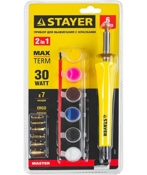 Паяльное оборудование: Прибор для выжигания и пайки STAYER MAXTerm 30Вт 2в1 в наборе: 7 насадок + краски [45220] фотографии