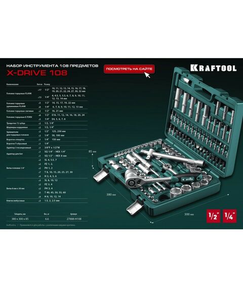 Наборы инструментов и ключи: Универсальный набор инструмента KRAFTOOL X-Drive 108 108 предметов, 1/2"+3/8"+1/4" [27888-H108_z03] фотографии