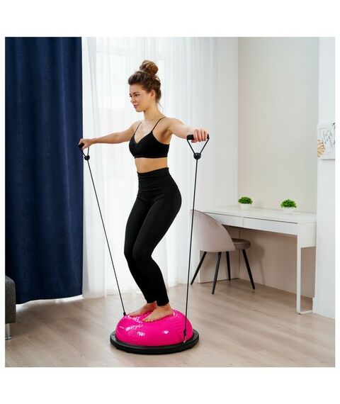 Фитнес оборудование: Полусфера BOSU гимнастическая ONLYTOP 55х25 см массажная, с насосом, цвет розовый фотографии