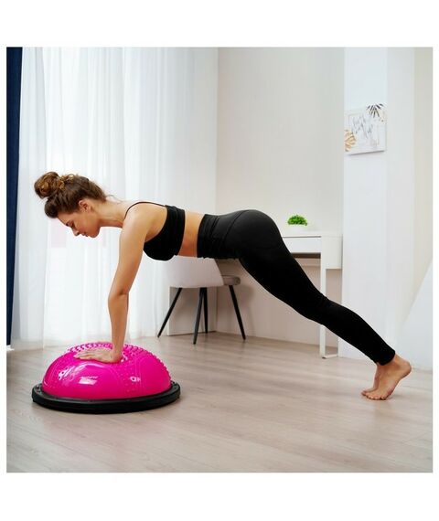 Фитнес оборудование: Полусфера BOSU гимнастическая ONLYTOP 55х25 см массажная, с насосом, цвет розовый фотографии