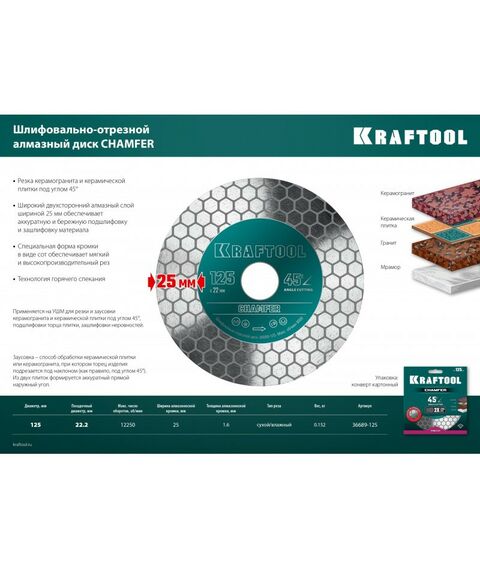 Пильные и алмазные диски: Шлифовально-отрезной алмазный диск KRAFTOOL CHAMFER 125 мм 22.2 мм, 25х1.6 мм [36689-125] фотографии
