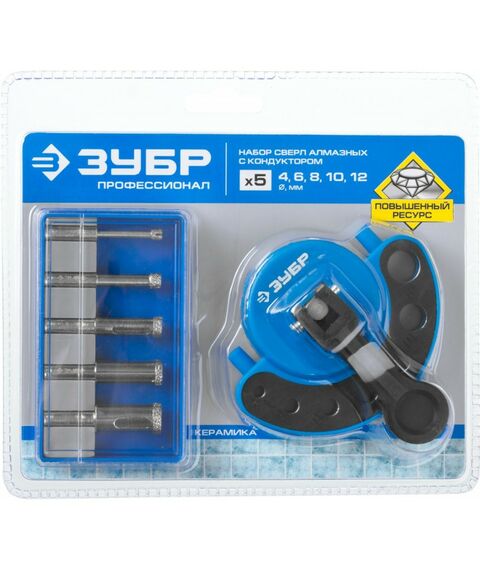 Наборы оснастки: Набор алмазных трубчатых сверл с кондуктором Зубр Профессионал 29851-H6 d 4, 6, 8, 10, 12 мм, Р60 фотографии