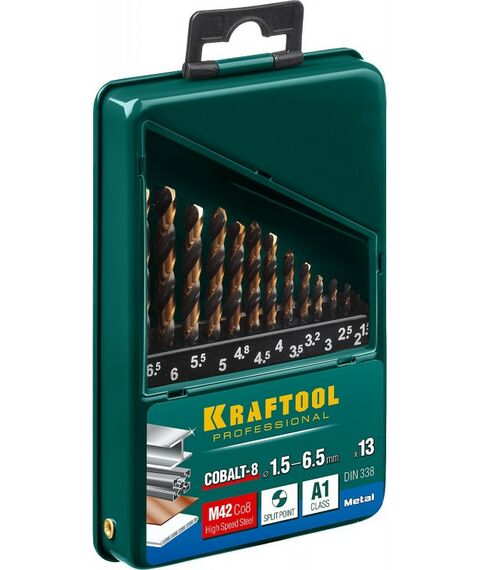 Буры, пики, коронки, сверла: Набор сверл по металлу KRAFTOOL COBALT 13шт (1.5-6.5мм) HSS-Co(8%), сталь М42 (S2-10-1-8) [29656-H13] фотографии
