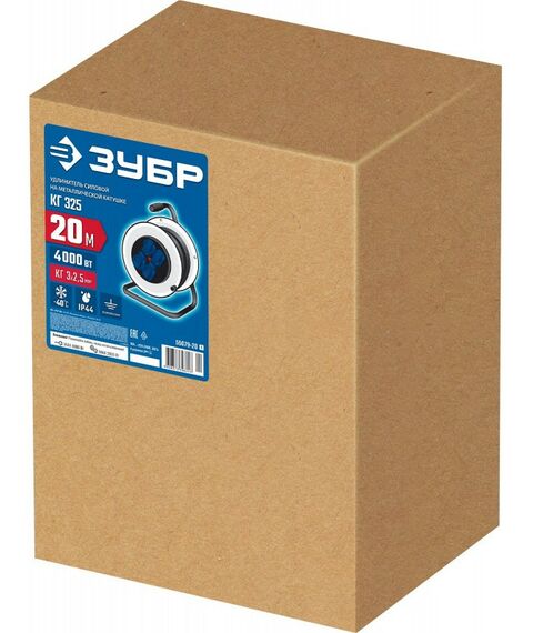Удлинители электрические: Силовой удлинитель на стальной катушке Зубр Профессионал КГ-325 КГ, 3 x 2.5 мм2, 20 м, 4000 Вт, IP44 [55079-20] фотографии