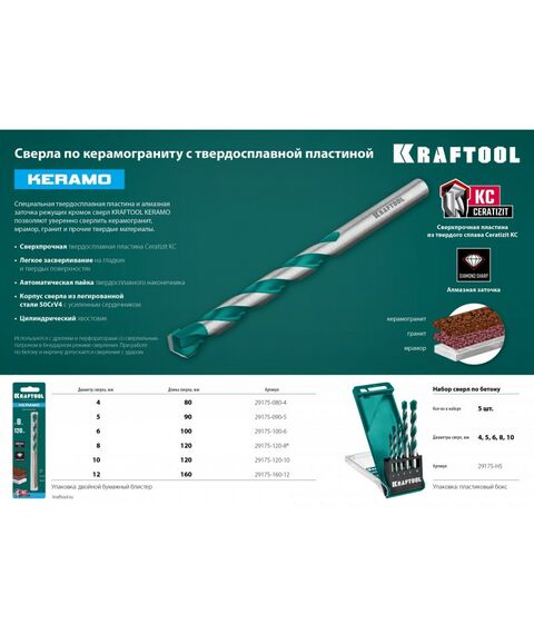Наборы оснастки: Набор сверл по керамограниту KRAFTOOL Keramo 5 шт 4-5-6-8-10 мм, с твердосплавной пластиной [29175-H5] фотографии