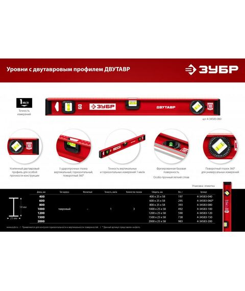 Строительные уровни: Уровень с усиленным профилем Зубр ДВУТАВР 2000 мм двутавровый [4-34583-200] фотографии