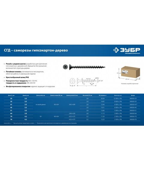 Саморезы: Саморез гипсокартон-дерево Зубр СГД 41 х 3.5 мм фосфат., 12.44 кг [300030-41] фотографии