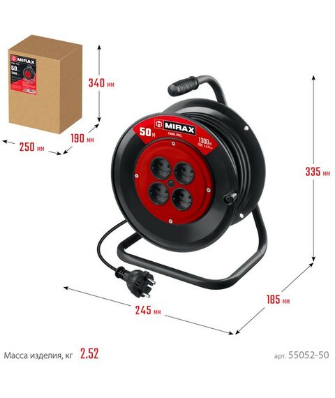 Удлинители электрические: удлинитель на катушке MIRAX ПВС 2 х 0.75 мм2 50 м, 1300 Вт [55052-50] фотографии