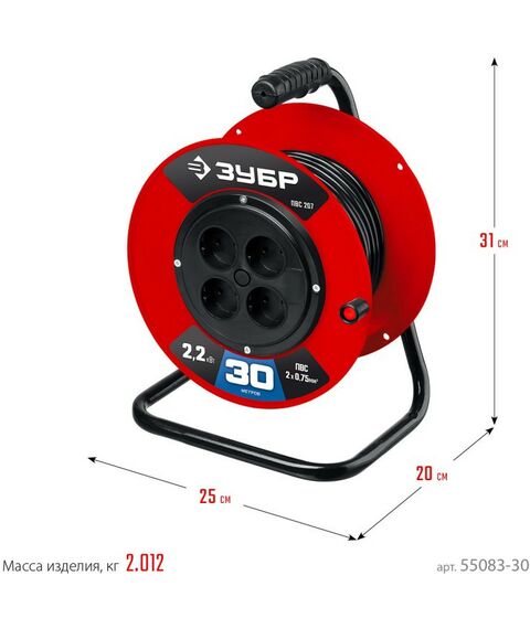 Удлинители электрические: Удлинитель на катушке Зубр ПВС-207 ПВС, 2 х 0.75 мм2, 30 м, 2200 Вт [55083-30] фотографии