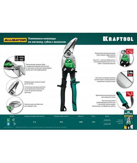 Ножницы по металлу: Усиленные ножницы по металлу с выносом KRAFTOOL Alligator 2328-OL 250 мм, левые фотографии