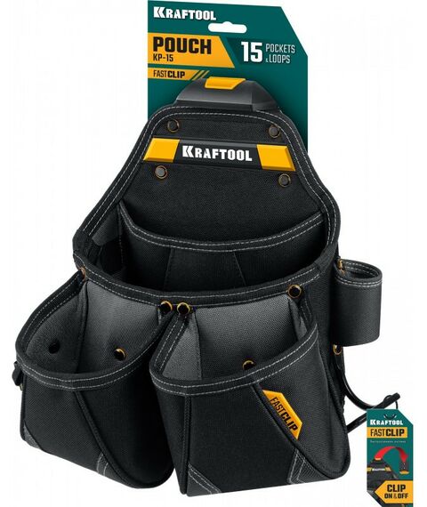 Ящики и сумки для инструмента: поясная сумка KRAFTOOL KP-15 с быстросъёмным креплением FastClip, 15 карманов и петель, 350 х 320 мм [38771] фотографии