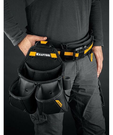 Ящики и сумки для инструмента: поясная сумка KRAFTOOL KP-15 с быстросъёмным креплением FastClip, 15 карманов и петель, 350 х 320 мм [38771] фотографии