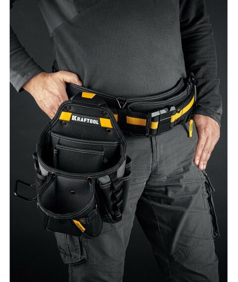 Ящики и сумки для инструмента: Поясная сумка KRAFTOOL KP-27 с быстросъёмным креплением FastClip, 27 карманов и петли, 350 х 260 мм [38773] фотографии