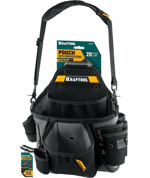 Ящики и сумки для инструмента: Поясная сумка KRAFTOOL KPB-20 с быстросъёмным креплением FastClip, плечевой ремень, 20 карманов и петель, 320 х 310 мм [38767] фотографии